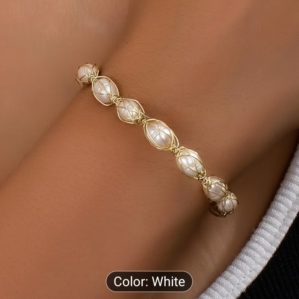 Luxurious And Elegant Freshwater Pearl Woven Bracelet for Women, Stainless steel